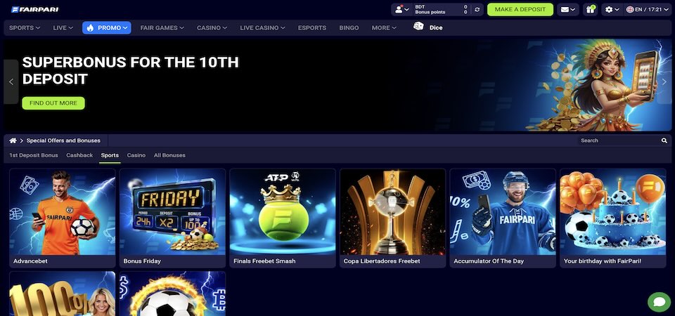 Screenshot of the FairPari bonuses page