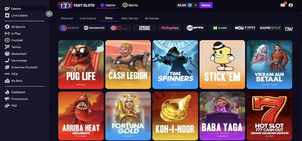 Screenshot of the Fast Slots casino page