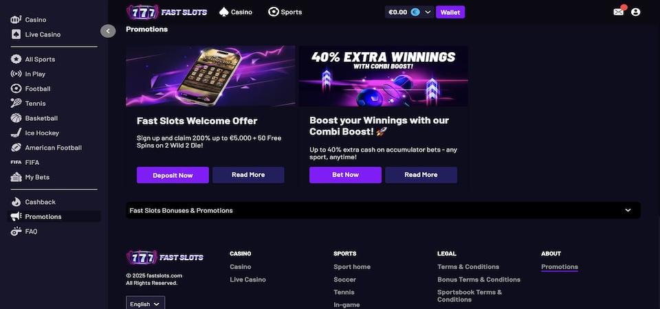 Screenshot of the Fast Slots promotions page