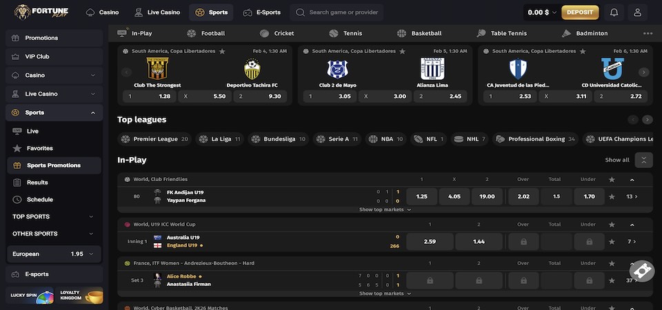 Screenshot of the Fortuneplay sports page