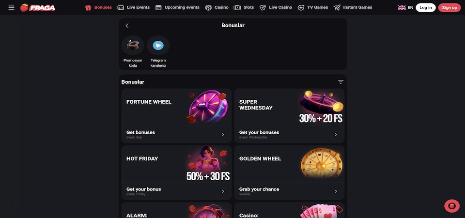 Screenshot of the Fragabet bonuses page