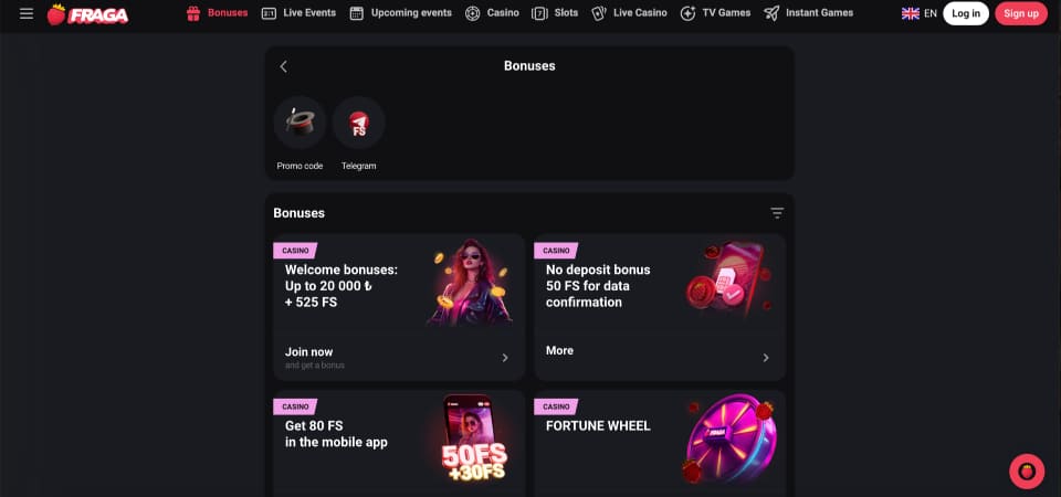 Screenshot of the Fragabet bonuses page