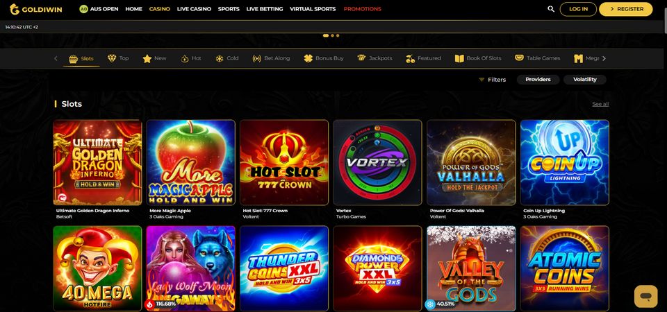 Screenshot of the GoldiWin casino page