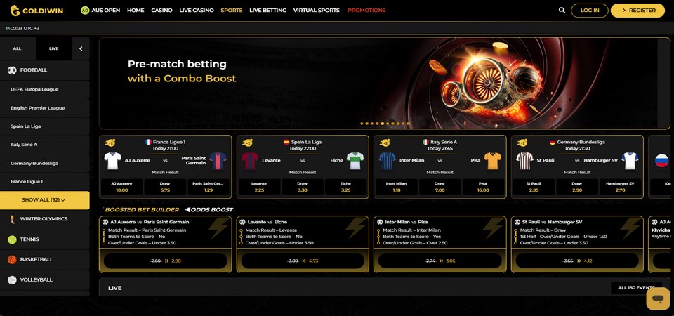 Screenshot of the GoldiWin sports page