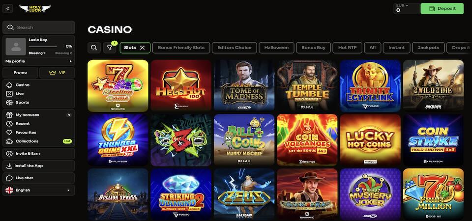Screenshot of the Holyluck casino page
