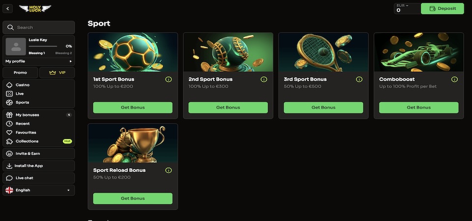 Screenshot of the Holyluck promotions page