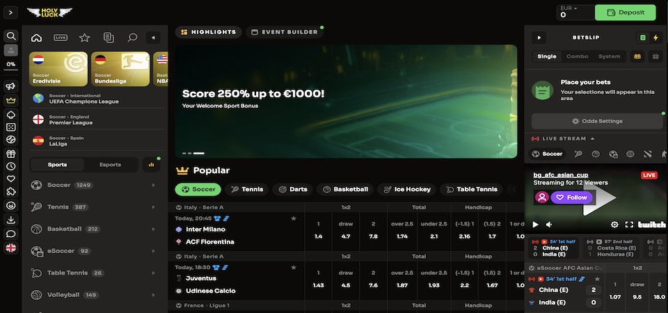 Screenshot of the Holyluck sports page