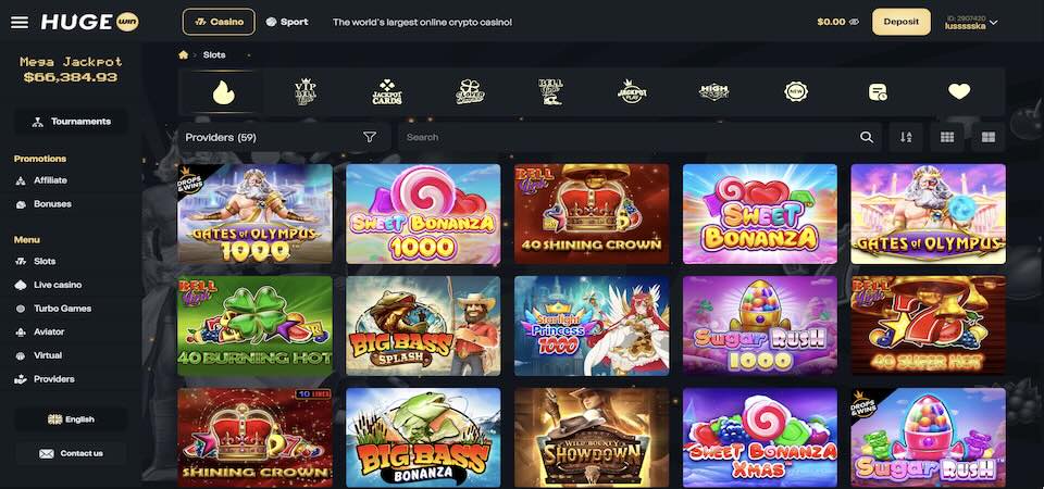 Screenshot of the HugeWin casino page