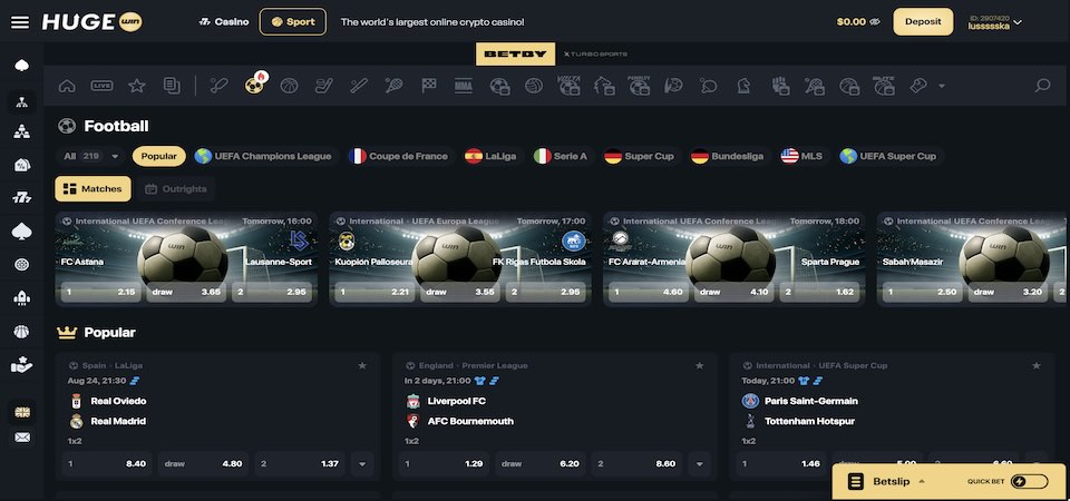 Screenshot of the HugeWin sports page