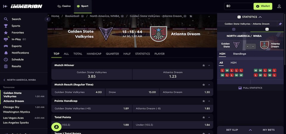 Screenshot of the Immerion sport page