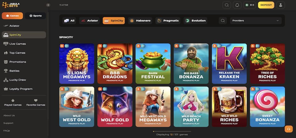 Screenshot of the JabulaBets casino page