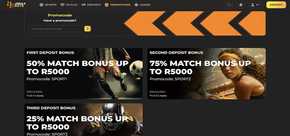 Screenshot of the JabulaBets bonuses page