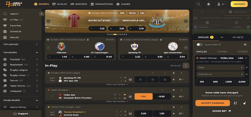 Screenshot of the JabulaBets sports page