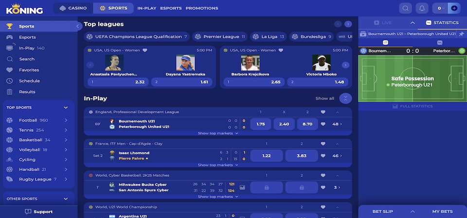 Screenshot of the Koning sports page