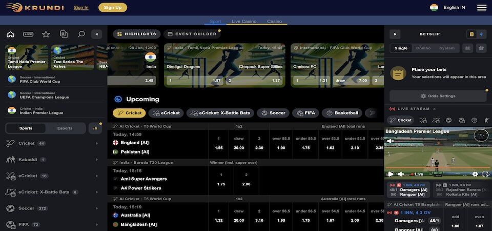 Screenshot of the Krundi sport page