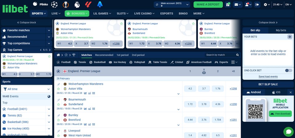 The screenshot of Lilbet sports page
