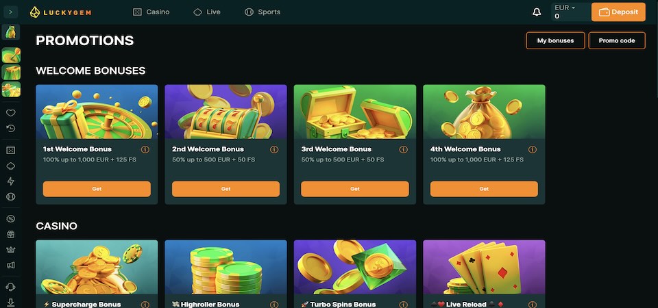 Screenshot of the Luckygem promotions page