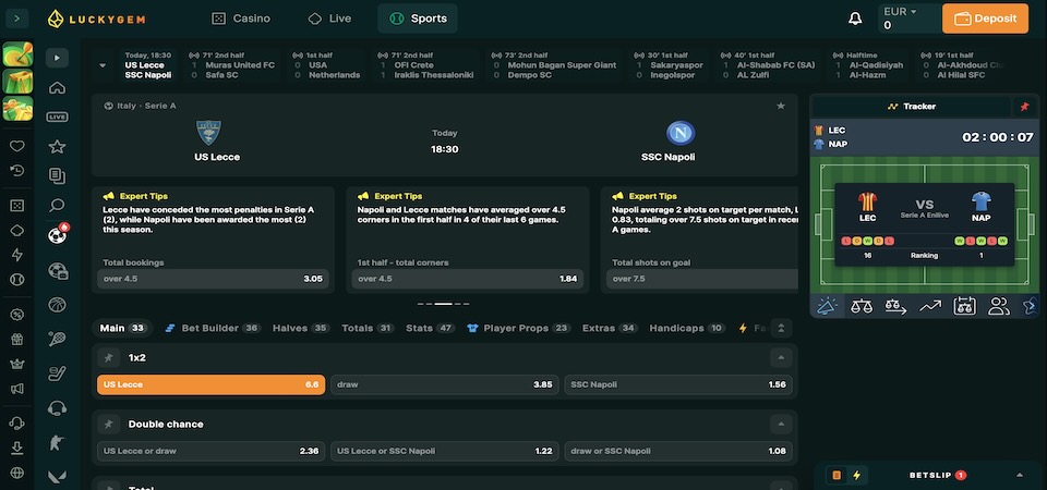 Screenshot of the Luckygem sports page