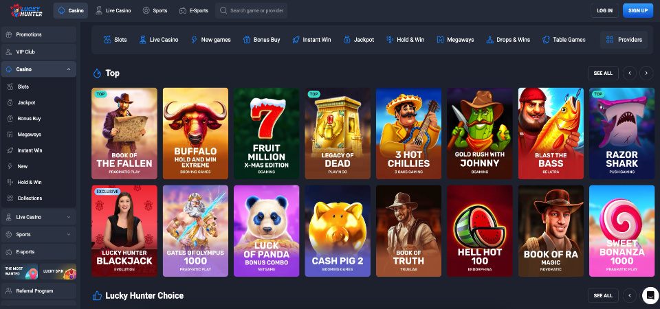 Screenshot of the LuckyHunter casino page