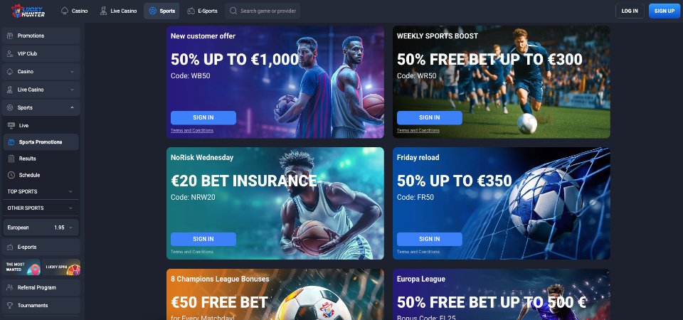 Screenshot of the LuckyHunter bonuses page