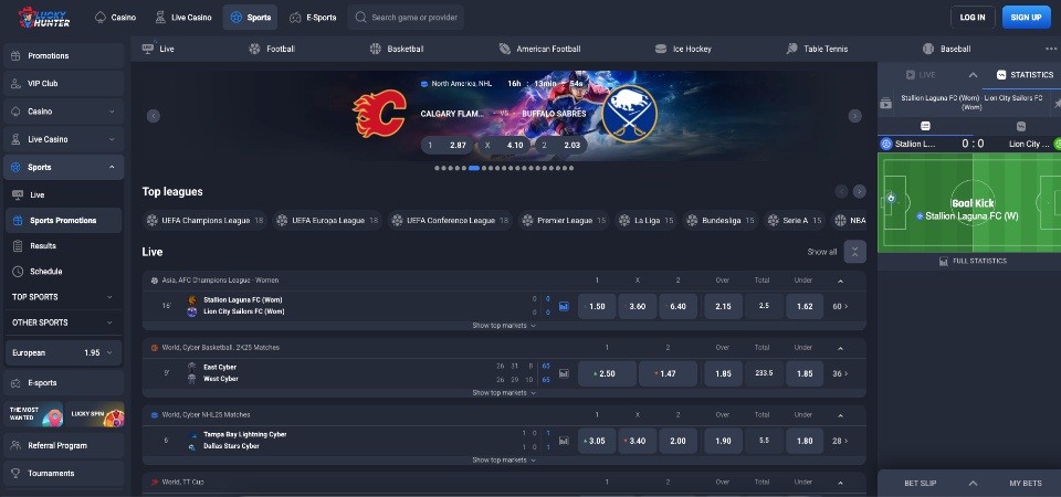 Screenshot of the LuckyHunter sports page