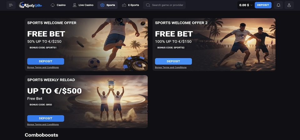 Screenshot of the Luckyvibe promotions page