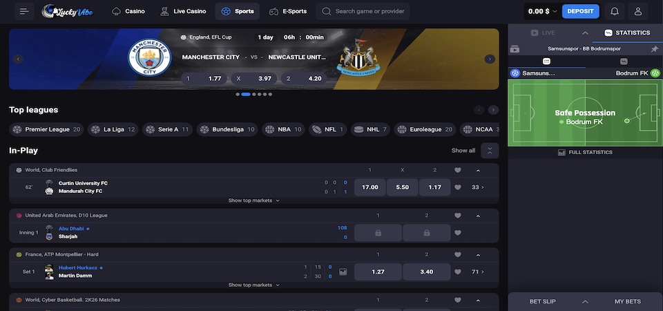 Screenhsot of the Luckyvibe sports page