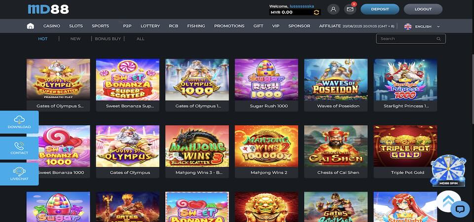 Screenshot of the MD88 casino page