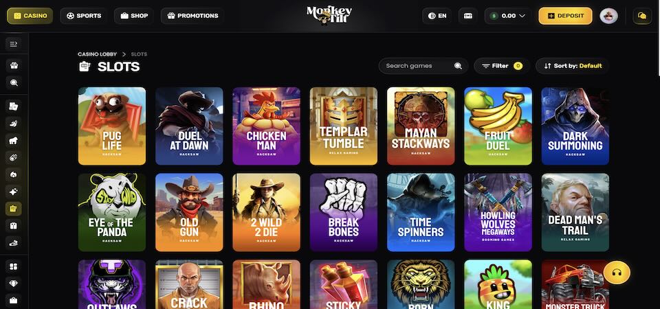 Screenshot of the MonkeyTilt casino page