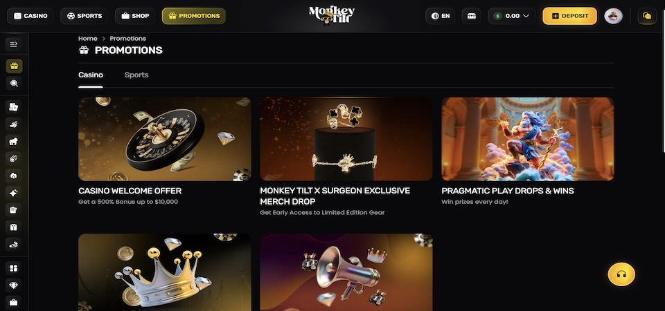Screenshot of the MonkeyTilt bonuses page