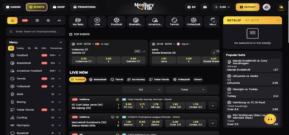 Screenshot of the MonkeyTilt sports page