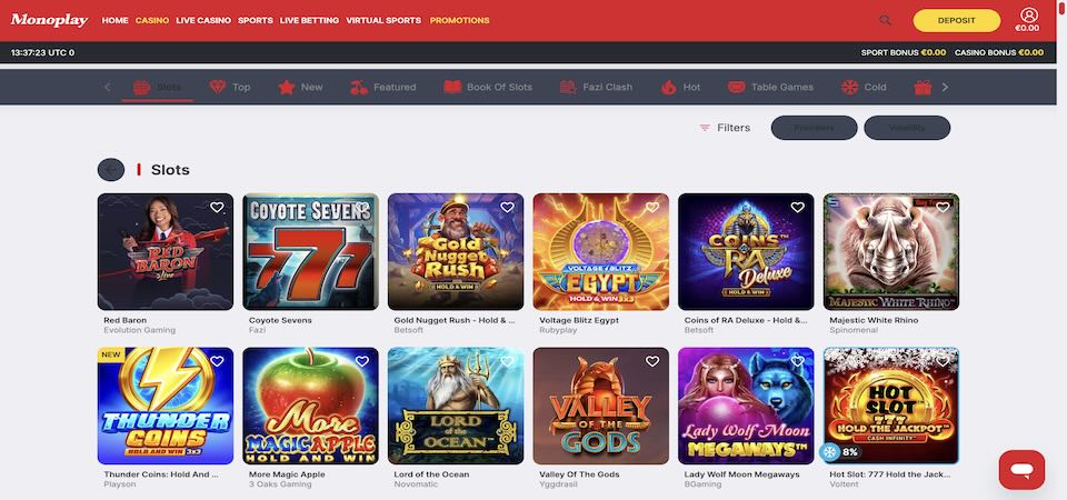 Screenshot of the Monoplay casino page