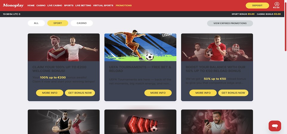 Screenshot of the Monoplay promotions page
