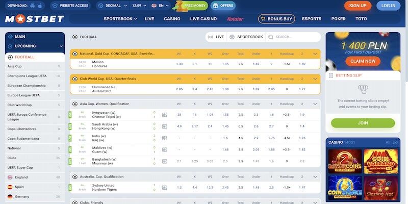 Screenshot of the Mostbet sport page