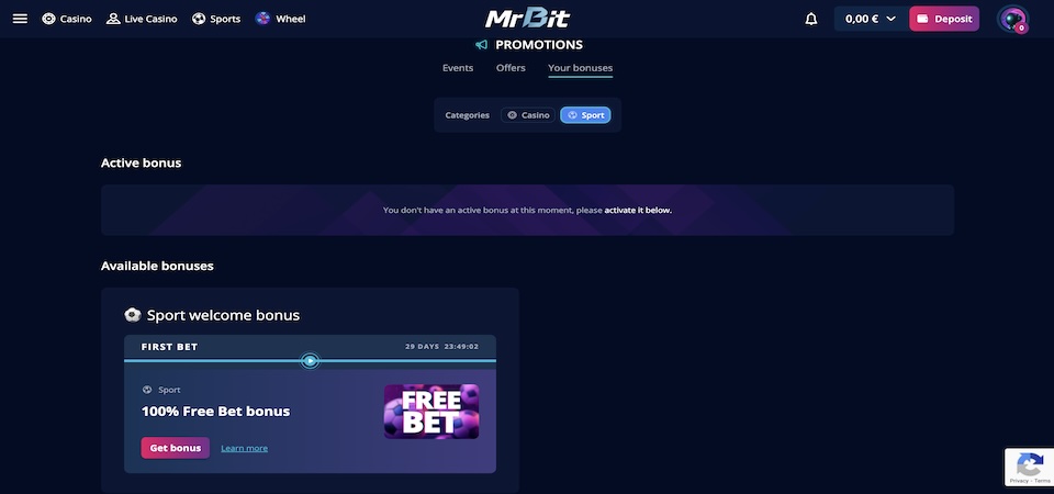 Screenshot of the MrBit promotions page