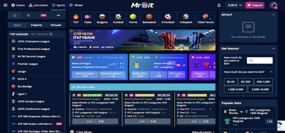 Screenshot of the MrBit sports page