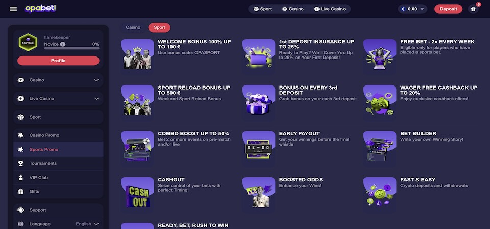 Screenshot of the Opabet promotions page