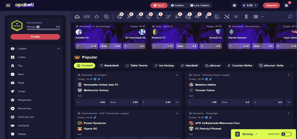 Screenshot of the Opabet sports page