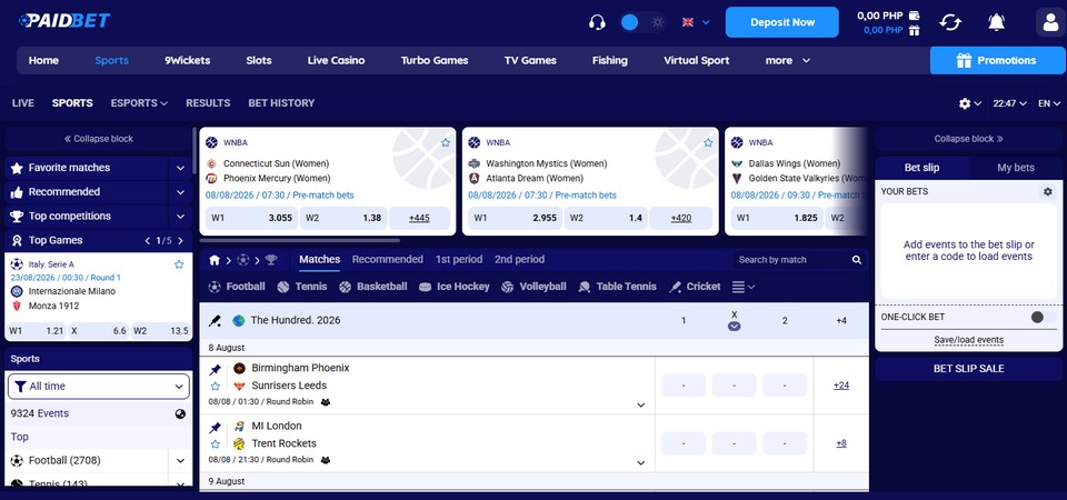 Screenshot of the paidbet sport page