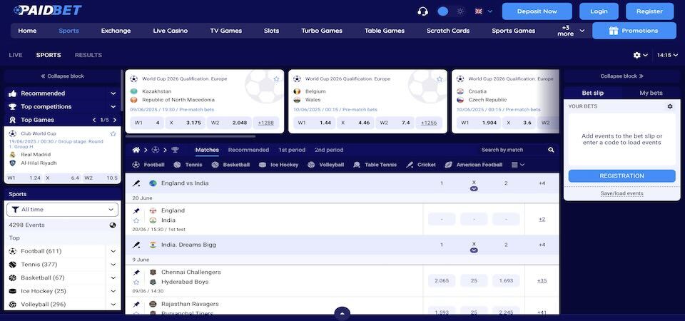 Screenshot of the paidbet sport page