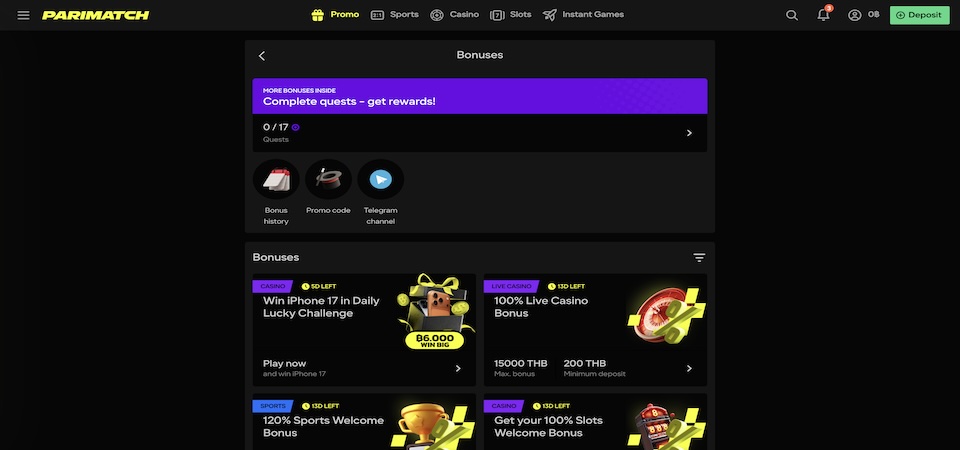 Screenshot of the Parimatch bonuses page in Thailand