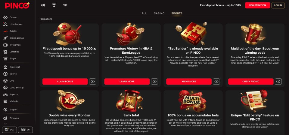 Screenshot of the Pinco bonuses page