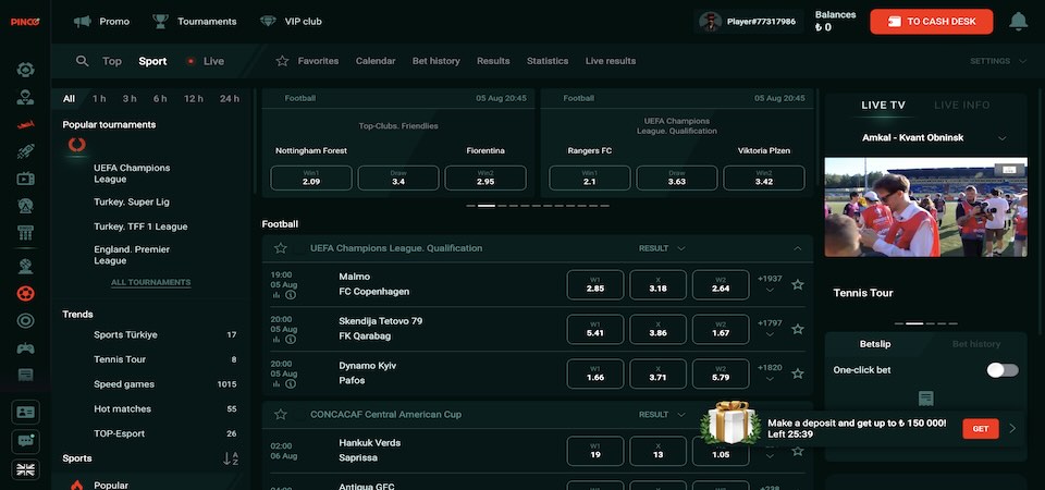 Screenshot of the Pinco sport page