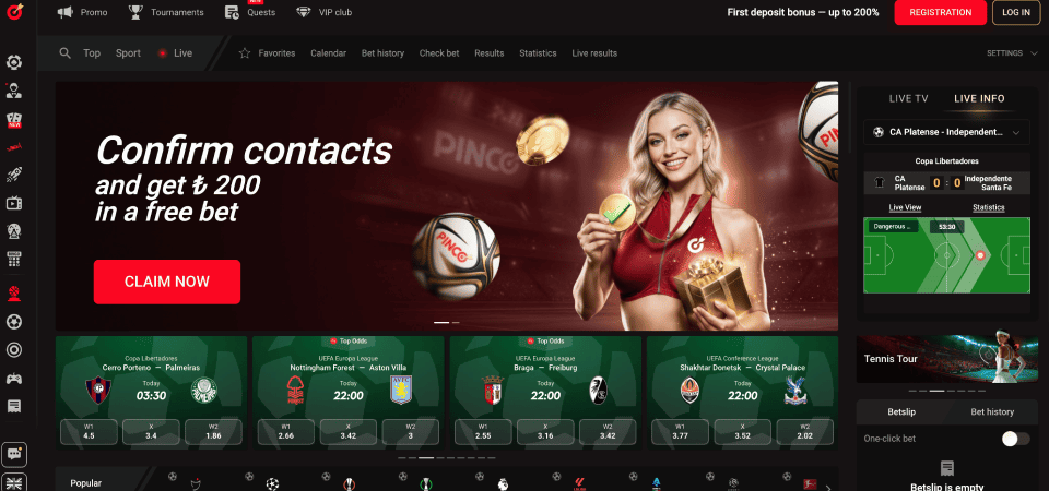 Screenshot of the Pinco sport page