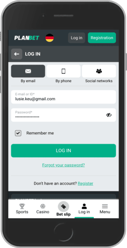 Screenshot of the Planbet log in via email