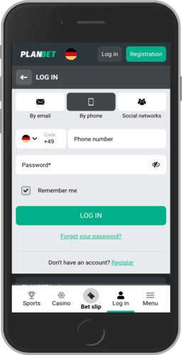 Screenshot of the Planbet log in via phone number