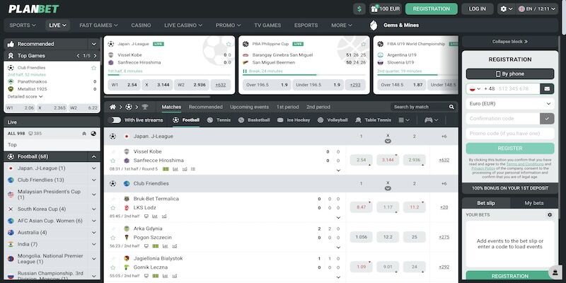 Screenshot of the Planbet sport page