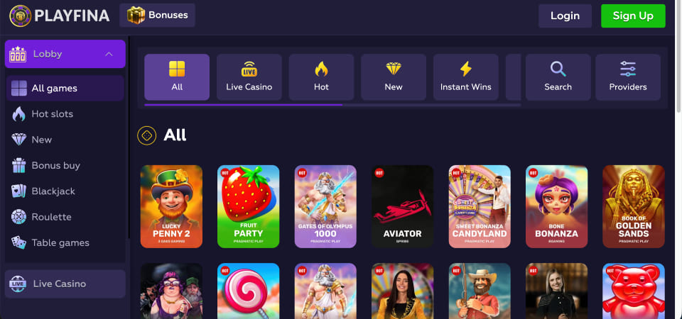Screenshot of the playfina casino page