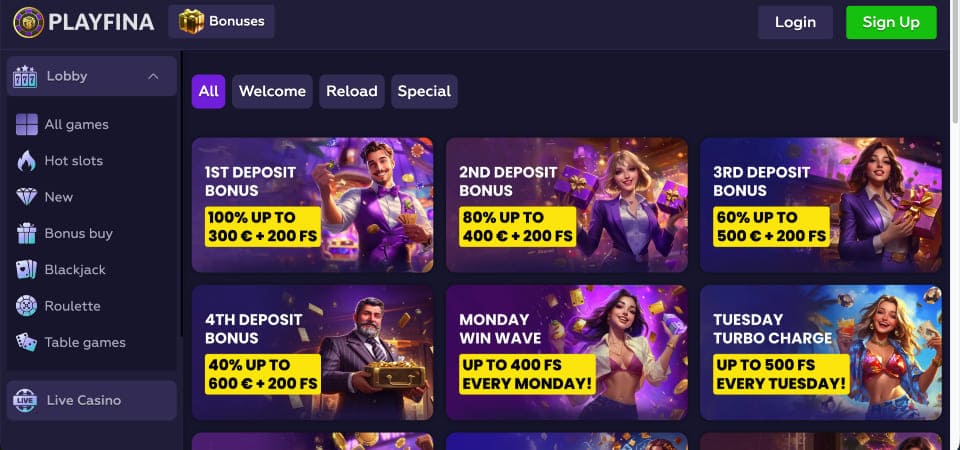 Screenshot of the playfina promo page