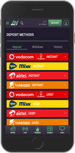 Mobile screenshot of the PMbet depositting money page